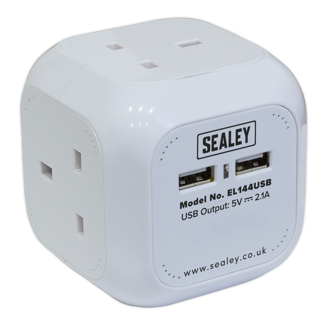 Sealey EL144USB 1.4m Extension Cable Cube 4 x 230V & 2 x USB - White