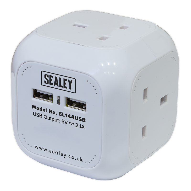 Sealey EL144USB 1.4m Extension Cable Cube 4 x 230V & 2 x USB - White - additional view 4