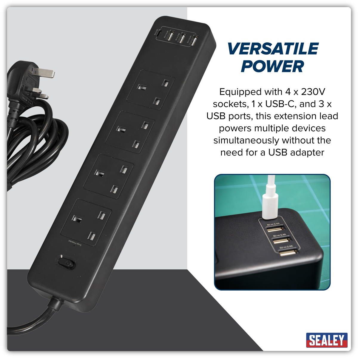 Sealey EL34USBB 2.6m Extension Lead with USB Ports - Black - additional view 5