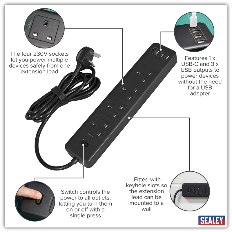 Sealey EL34USBB 2.6m Extension Lead with USB Ports - Black - additional view 4