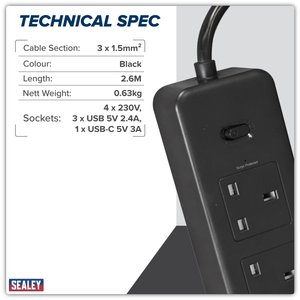 Sealey EL34USBB 2.6m Extension Lead with USB Ports - Black - additional view 2