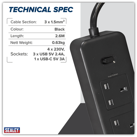 Sealey EL34USBB 2.6m Extension Lead with USB Ports - Black - additional view 2