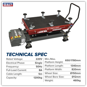 Sealey EVBT1200 High Lift EV Battery Lift/Hydraulic Platform Truck 1200kg Capacity - additional view 13