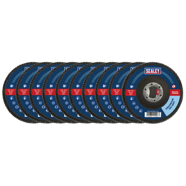 Sealey FD11512010 115mm Zirconium Flap Discs 120Grit 22mm Bore - Pack of 10