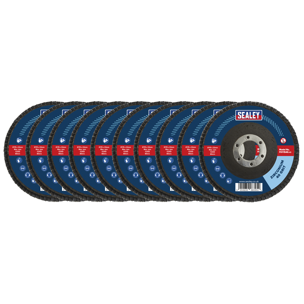 Sealey FD1154010 115mm Zirconium Flap Discs 40Grit 22mm Bore - Pack of 10