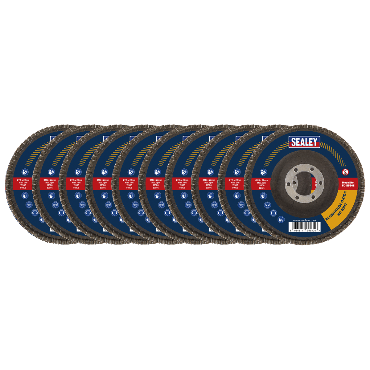Sealey FD11560E10 115mm Aluminium Oxide Flap Discs 60Grit 22mm Bore - Pack of 10