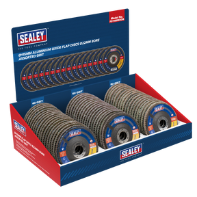 Sealey FD115EMIXDB 115mm Aluminium Oxide Flap Discs Assorted Grit 22mm Bore - Display Box of 60