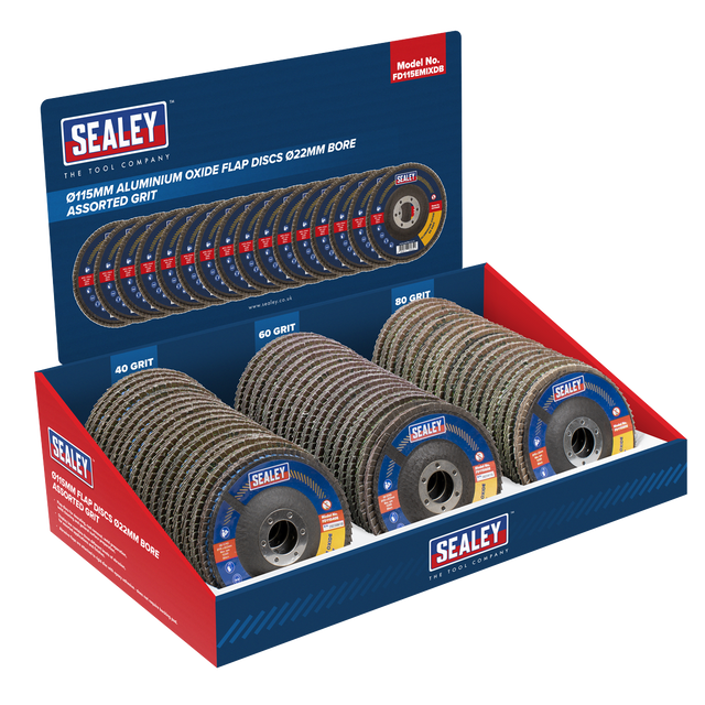 Sealey FD115EMIXDB 115mm Aluminium Oxide Flap Discs Assorted Grit 22mm Bore - Display Box of 60