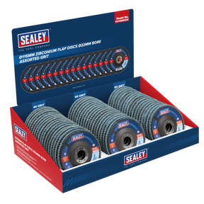 Sealey FD115MIXDB Assorted Grit Flap Discs Zirconium Ø115mm Ø22mm Bore - Display Box of 60