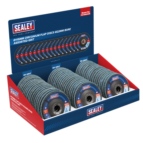 Sealey FD115MIXDB Assorted Grit Flap Discs Zirconium Ø115mm Ø22mm Bore - Display Box of 60