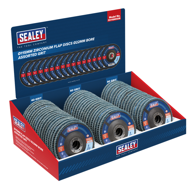 Sealey FD115MIXDB Assorted Grit Flap Discs Zirconium Ø115mm Ø22mm Bore - Display Box of 60