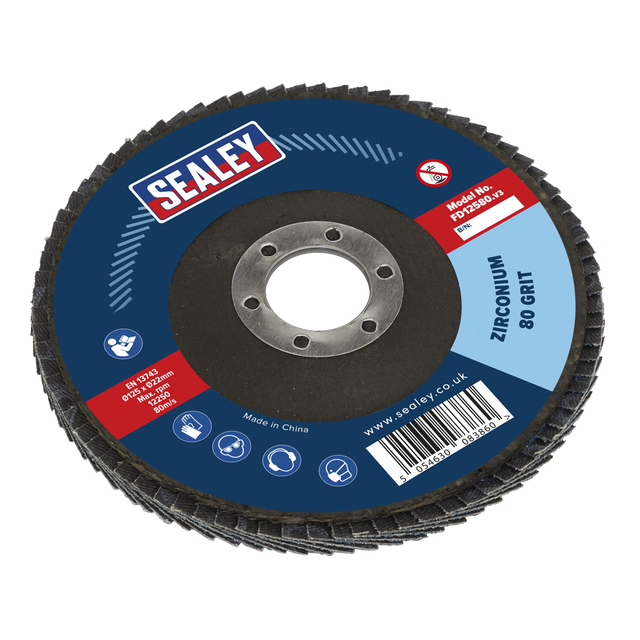 Sealey FD12580 125mm Zirconium Flap Disc 80Grit 22mm Bore