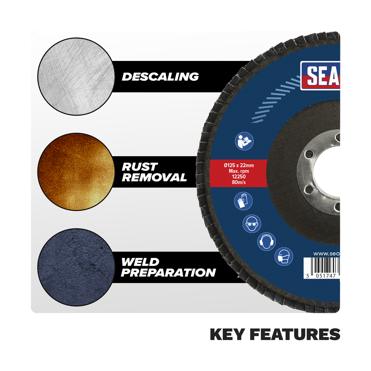 Sealey FD12560 125mm Zirconium Flap Disc 60Grit 22mm Bore - additional view 8