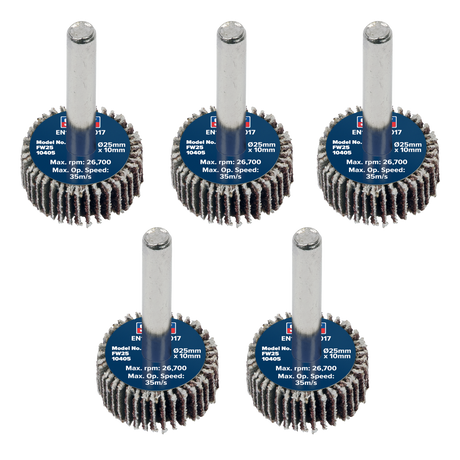 Sealey FW2510405 25 x 10mm Abrasive Flap Wheel with 6mm Shaft 40Grit - Pack of 5