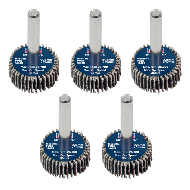 Sealey FW2510405 25 x 10mm Abrasive Flap Wheel with 6mm Shaft 40Grit - Pack of 5