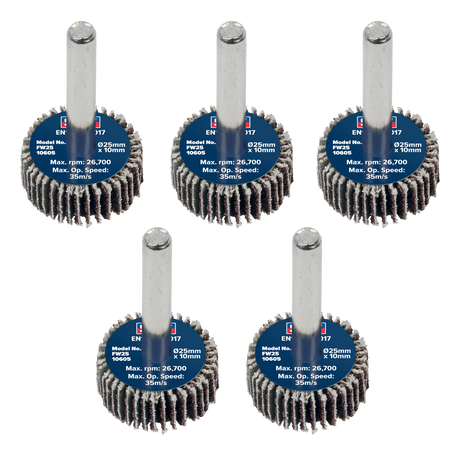 Sealey FW2510605 25 x 10mm Abrasive Flap Wheel with 6mm Shaft 60Grit - Pack of 5