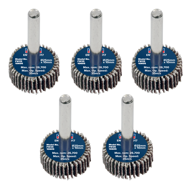 Sealey FW2510605 25 x 10mm Abrasive Flap Wheel with 6mm Shaft 60Grit - Pack of 5