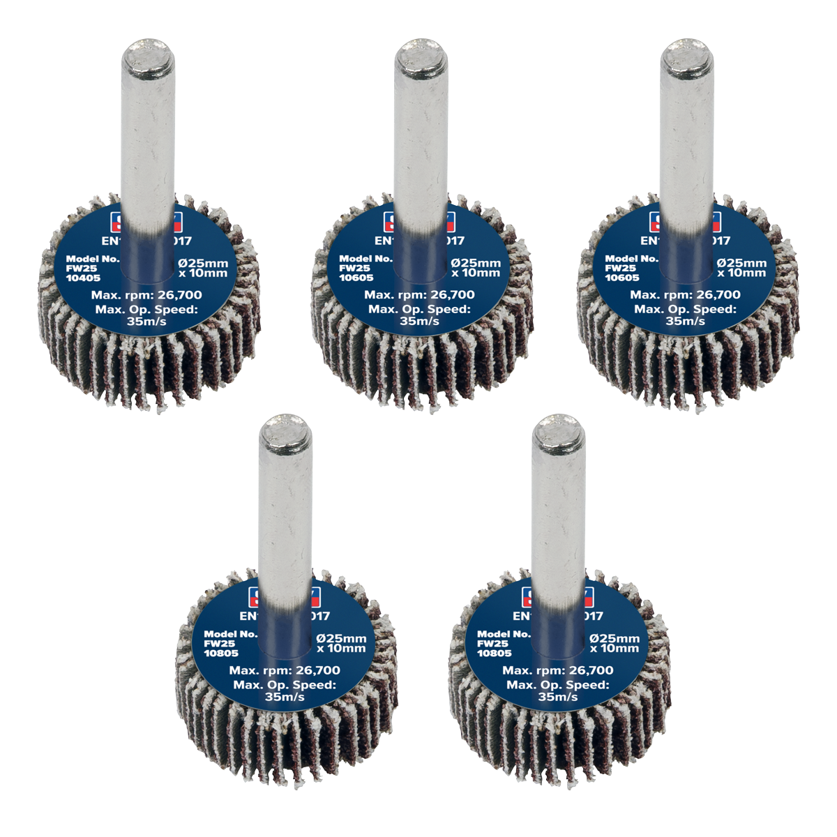 Sealey FW2510ASS 25 x 10mm Abrasive Flap Wheel with 6mm Shaft Assorted Grit - Pack of 5