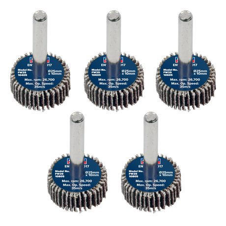 Sealey FW2510ASS 25 x 10mm Abrasive Flap Wheel with 6mm Shaft Assorted Grit - Pack of 5