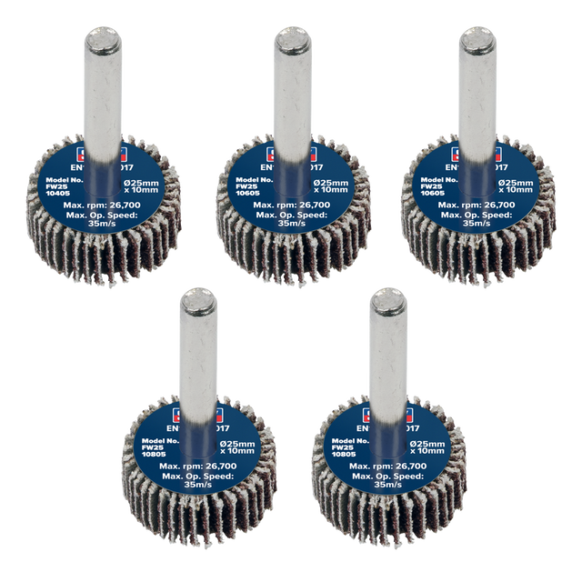 Sealey FW2510ASS 25 x 10mm Abrasive Flap Wheel with 6mm Shaft Assorted Grit - Pack of 5