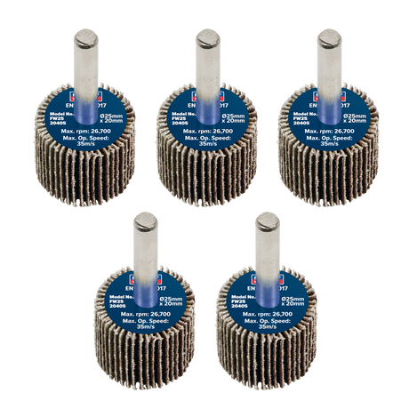 Sealey FW2520405 25 x 20mm Abrasive Flap Wheel with 6mm Shaft 40Grit - Pack of 5