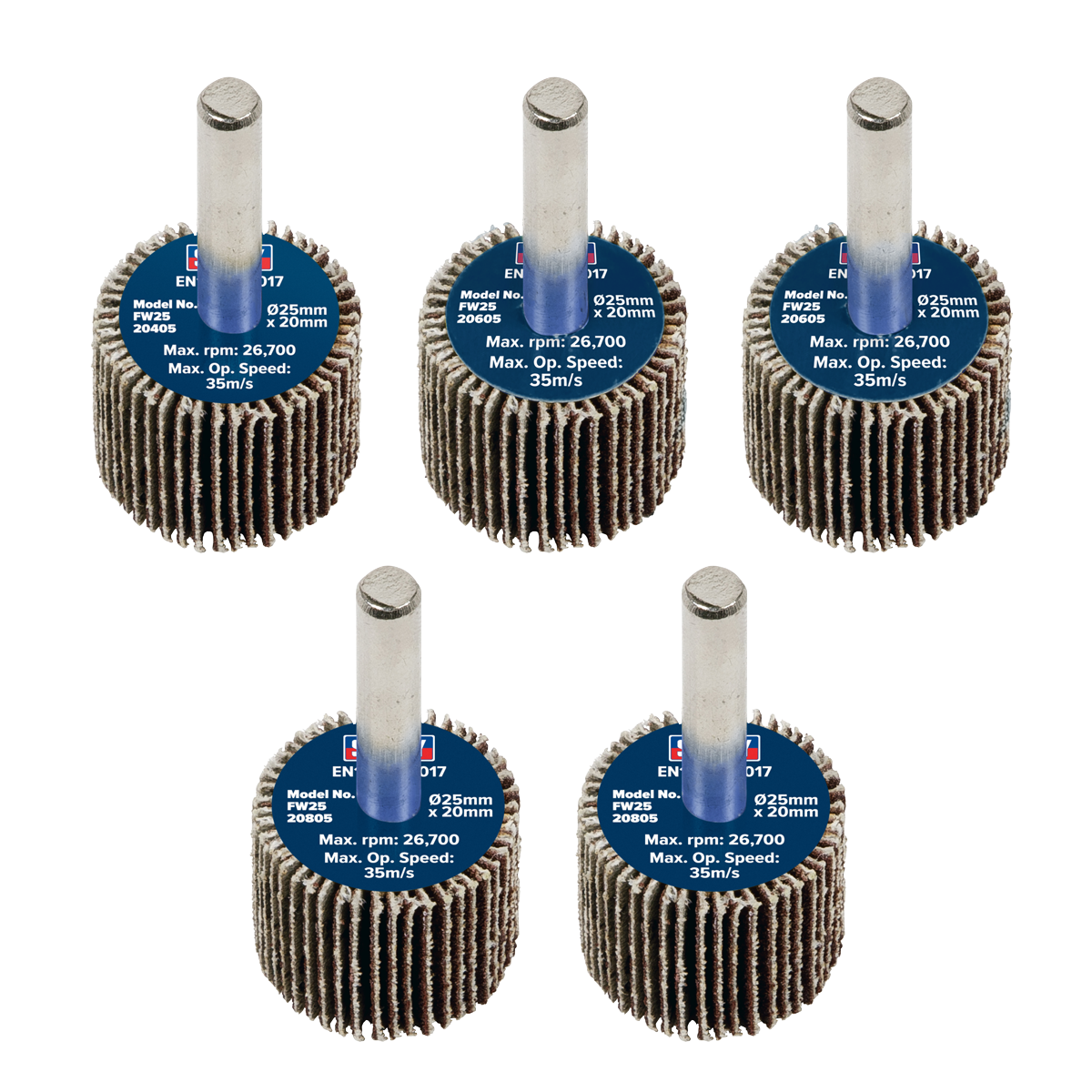 Sealey FW2520ASS 25 x 20mm Abrasive Flap Wheel with 6mm Shaft Assorted Grit - Pack of 5