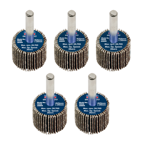 Sealey FW2520ASS 25 x 20mm Abrasive Flap Wheel with 6mm Shaft Assorted Grit - Pack of 5