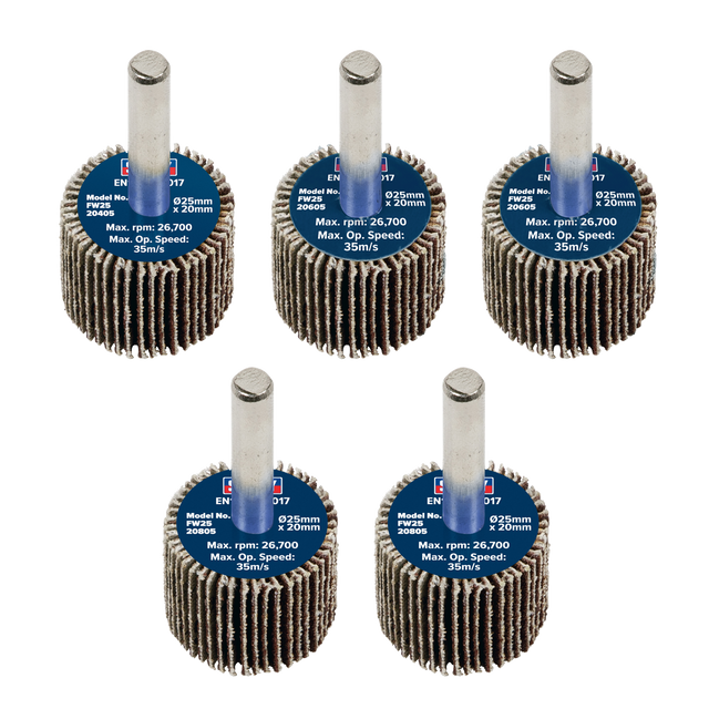 Sealey FW2520ASS 25 x 20mm Abrasive Flap Wheel with 6mm Shaft Assorted Grit - Pack of 5