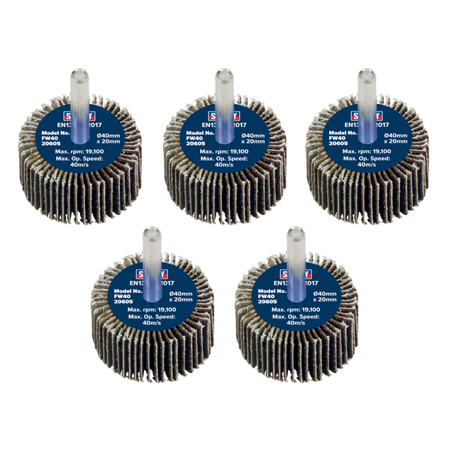 Sealey FW4020605 40 x 20mm Abrasive Flap Wheel with 6mm Shaft 60Grit - Pack of 5