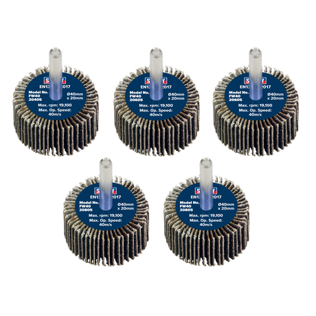Sealey FW4020ASS 40 x 20mm Abrasive Flap Wheel with 6mm Shaft Assorted Grit - Pack of 5