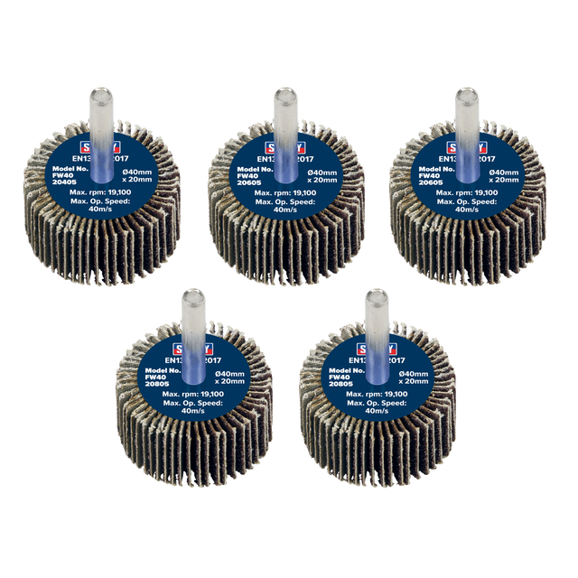 Sealey FW4020ASS 40 x 20mm Abrasive Flap Wheel with 6mm Shaft Assorted Grit - Pack of 5