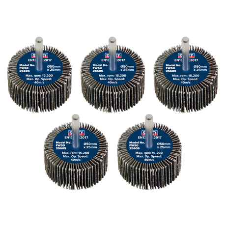 Sealey FW5025605 50 x 25mm Abrasive Flap Wheel with 6mm Shaft 60Grit - Pack of 5