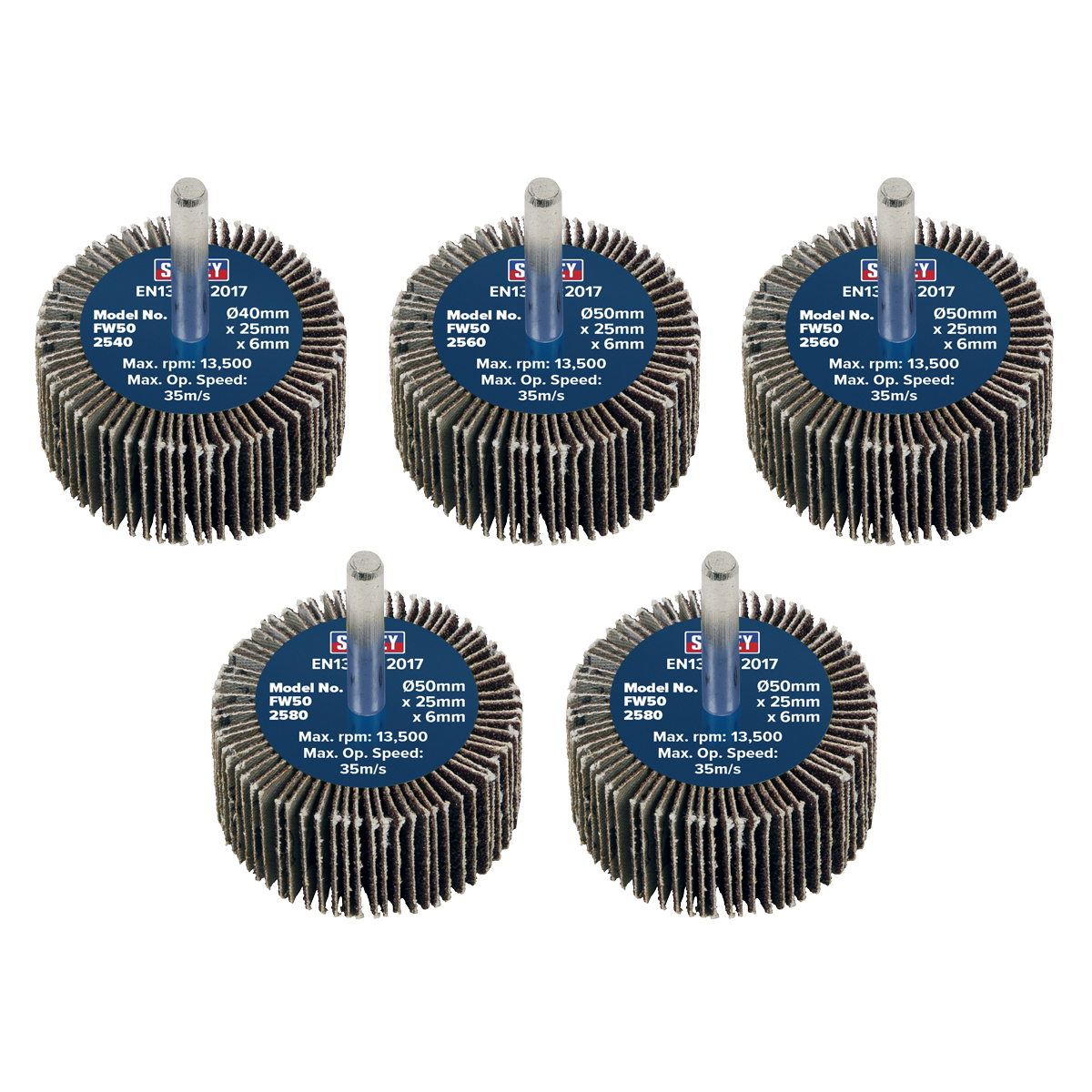 Sealey FW5025ASS 50 x 25mm Abrasive Flap Wheel with 6mm Shaft Assorted Grit - Pack of 5