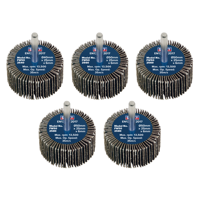 Sealey FW5025ASS 50 x 25mm Abrasive Flap Wheel with 6mm Shaft Assorted Grit - Pack of 5