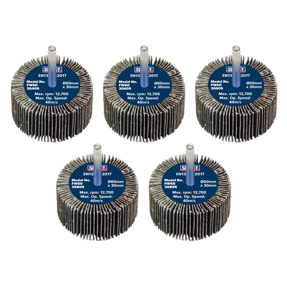 Sealey FW6030ASS 60 x 30mm Abrasive Flap Wheel on 6mm Shaft Assorted Grit - Pack of 5