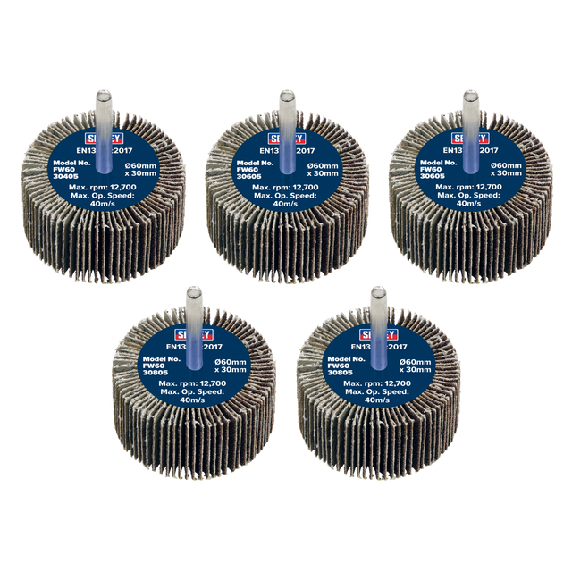 Sealey FW6030ASS 60 x 30mm Abrasive Flap Wheel on 6mm Shaft Assorted Grit - Pack of 5