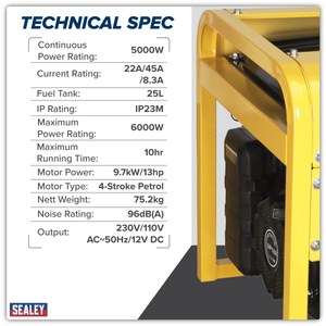 Sealey GG7500 6000W Generator 13hp 4-Stroke Engine 110/230V - additional view 4