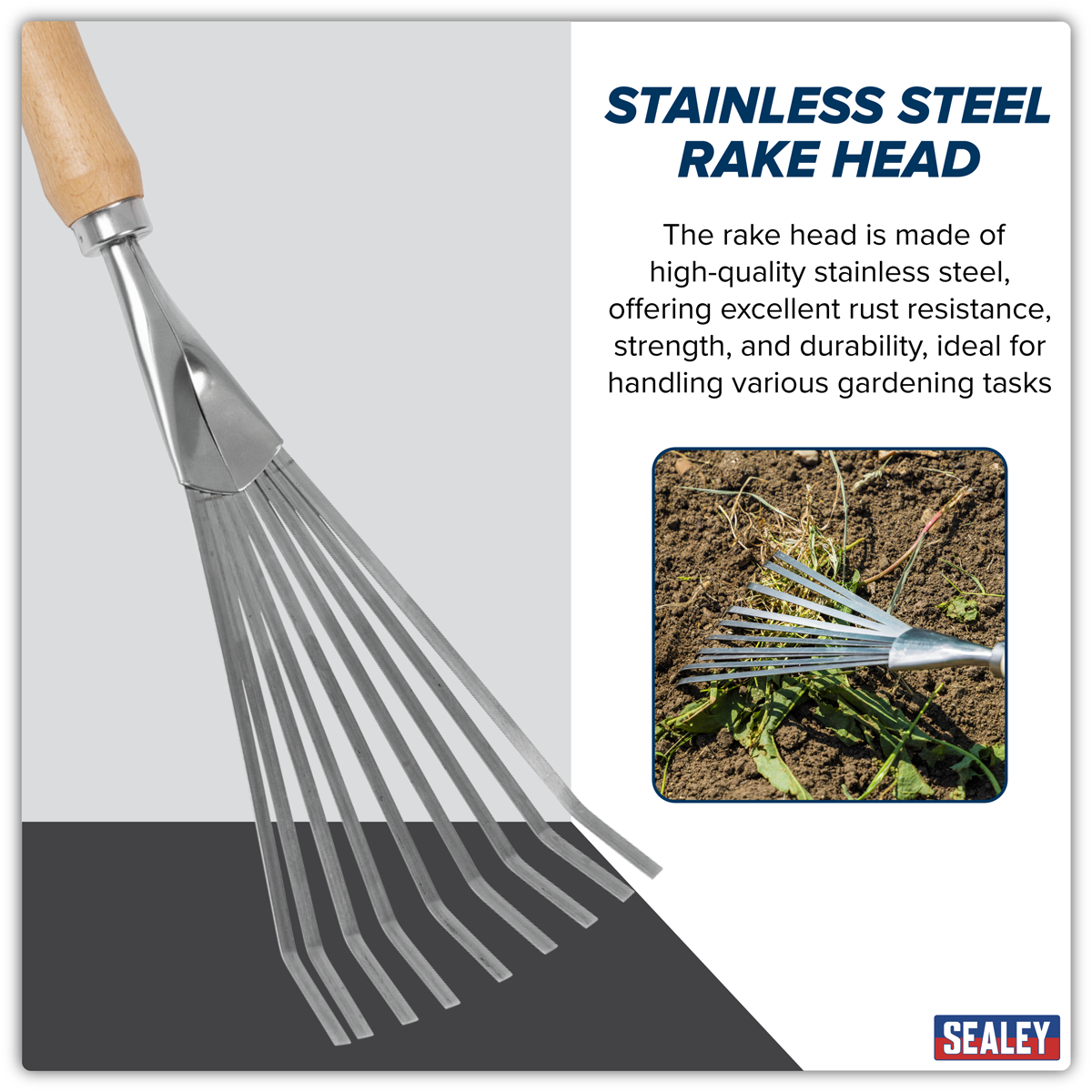 Sealey GTWH001 Premier Leaf Hand Rake with Ash Handle & Stainless Steel Tines - additional view 7