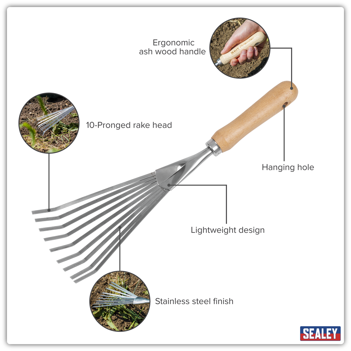 Sealey GTWH001 Premier Leaf Hand Rake with Ash Handle & Stainless Steel Tines - additional view 8