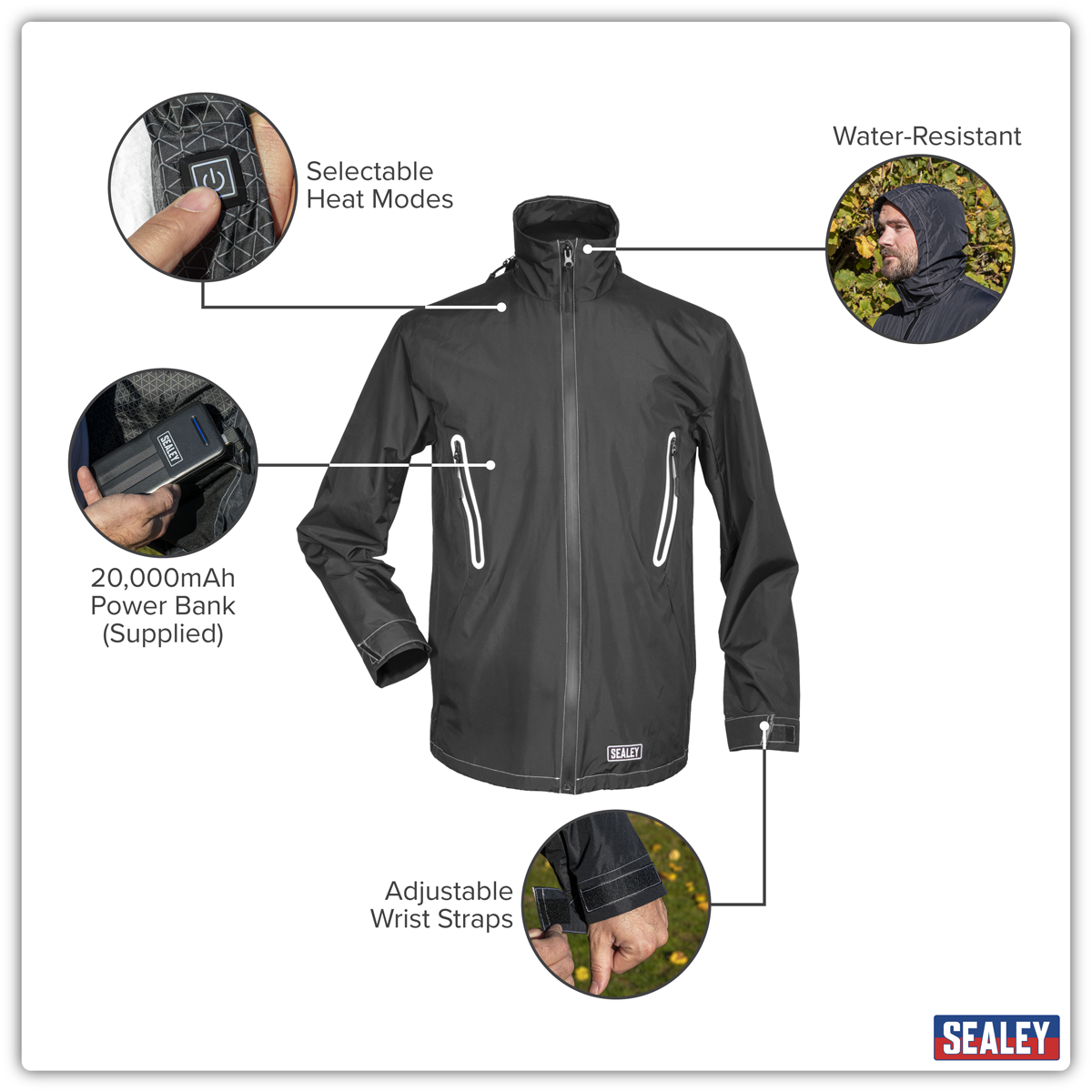 Sealey HJ08KIT 5V Heated Rain Jacket with Power Bank 20Ah - X-Large - additional view 11