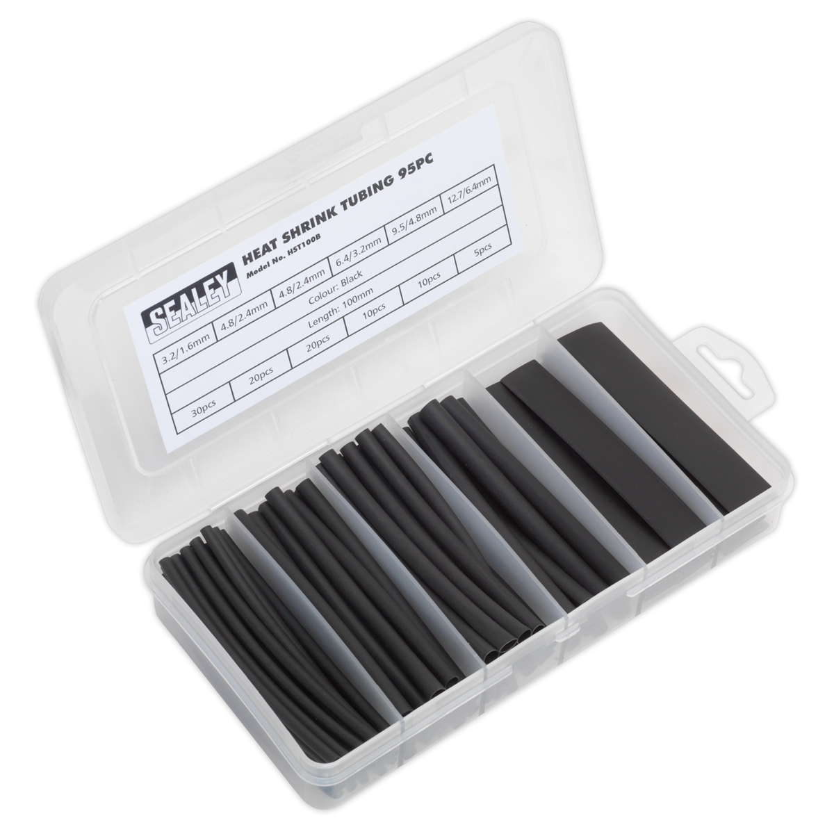 Sealey HST100B Heat Shrink Tubing Assortment 100mm 95pc - Black
