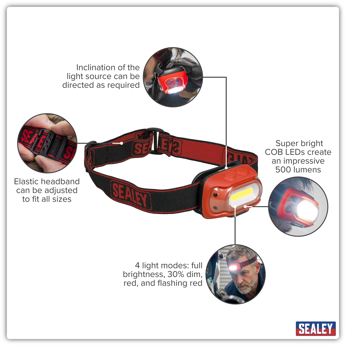 Sealey HT08RR Rechargeable Head Torch with Auto-Sensor 8W COB LED - Red - additional view 15
