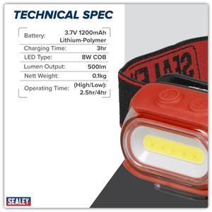 Sealey HT08RR Rechargeable Head Torch with Auto-Sensor 8W COB LED - Red - additional view 7