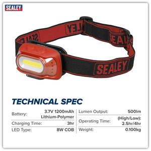 Sealey HT08RR Rechargeable Head Torch with Auto-Sensor 8W COB LED - Red - additional view 10