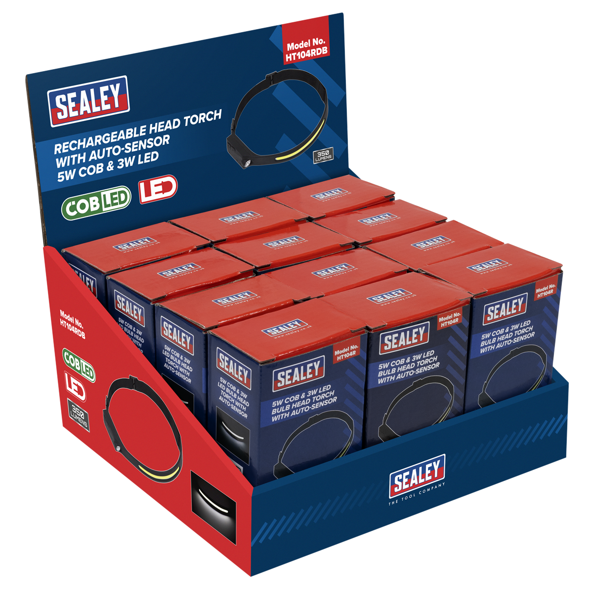 Sealey HT104RDB Rechargeable Head Torch with Auto-Sensor 5W COB & 3W LED - Display Box of 12