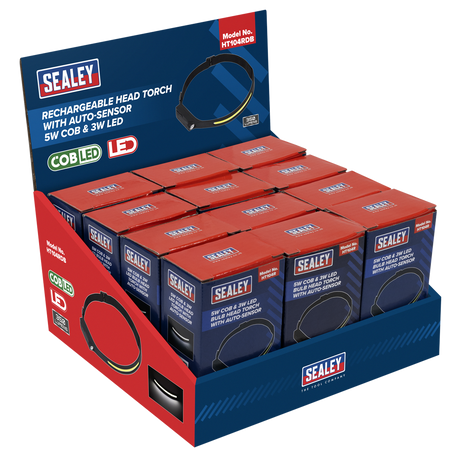 Sealey HT104RDB Rechargeable Head Torch with Auto-Sensor 5W COB & 3W LED - Display Box of 12