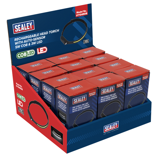 Sealey HT104RDB Rechargeable Head Torch with Auto-Sensor 5W COB & 3W LED - Display Box of 12
