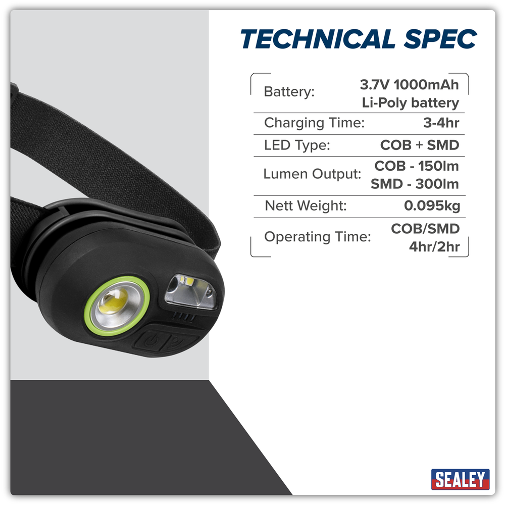 Sealey HT300R Rechargeable Headlight with Auto-Sensor 3W COB & 1W SMD LED - additional view 10