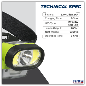 Sealey HT400LED Rechargeable Head Torch with Auto-Sensor 5W & 3W COB LED - additional view 12