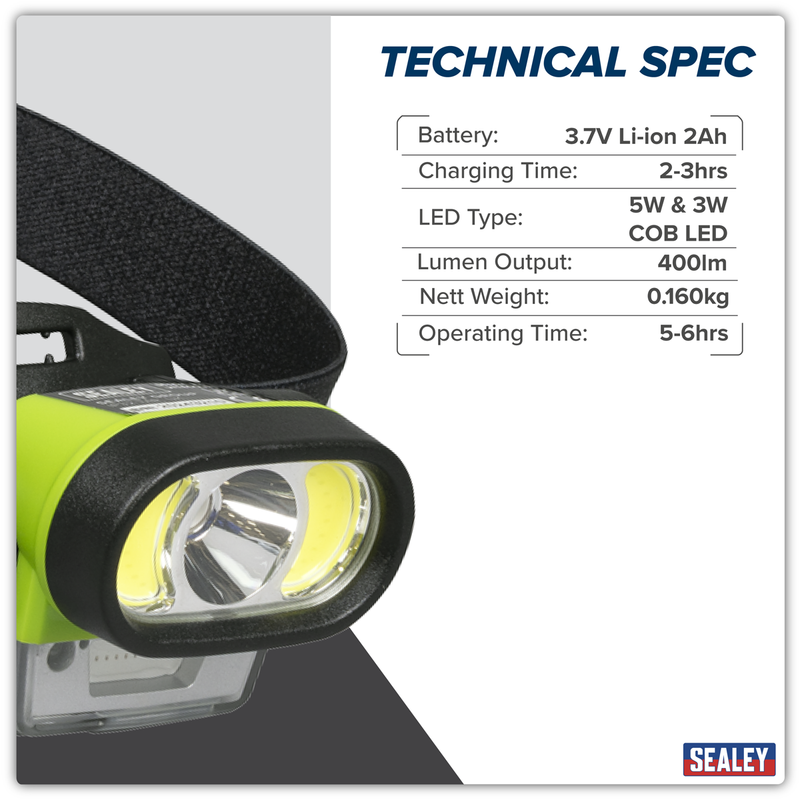 Sealey HT400LED Rechargeable Head Torch with Auto-Sensor 5W & 3W COB LED - additional view 12